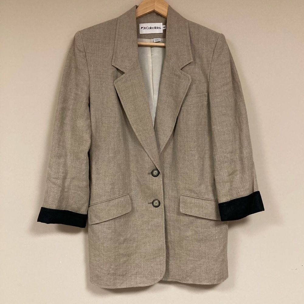 🆕 Vintage Linen Blazer Jacket Women’s 8 Tan Neutral 80s 90s Business Power Suit
